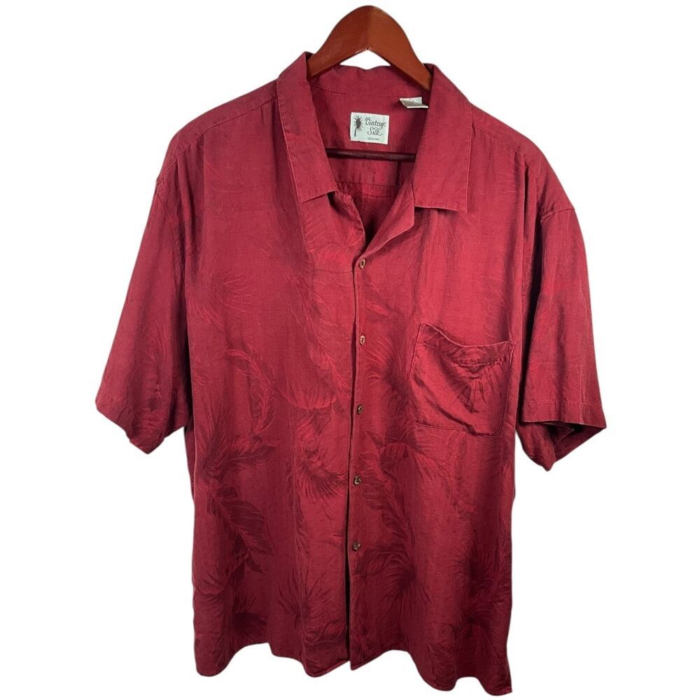 Vintage Silk Red Hawaiian Shirt Palm Jacquard Resort Short Sleeve Button Up